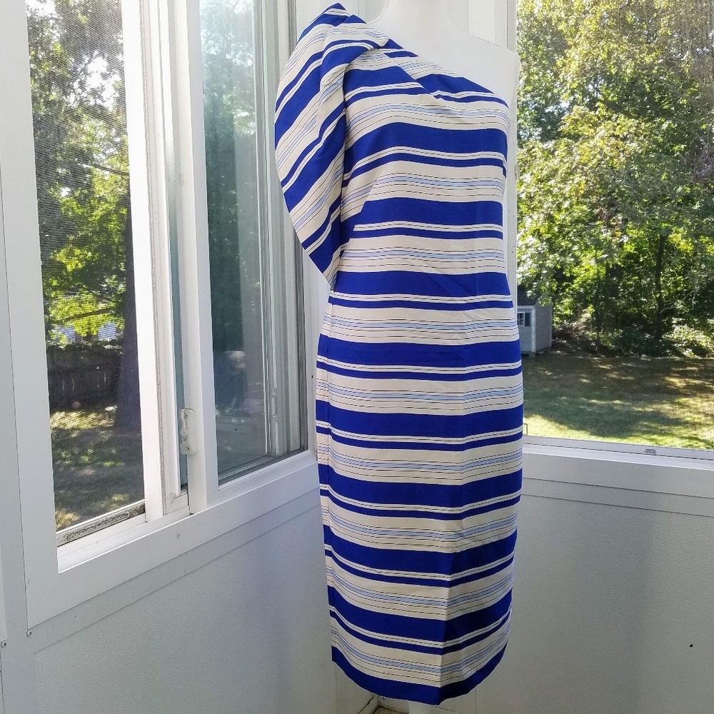 Banana Republic Tall Blue & Silver Striped One Shoulder Bow Midi Dress - Picture 2 of 8